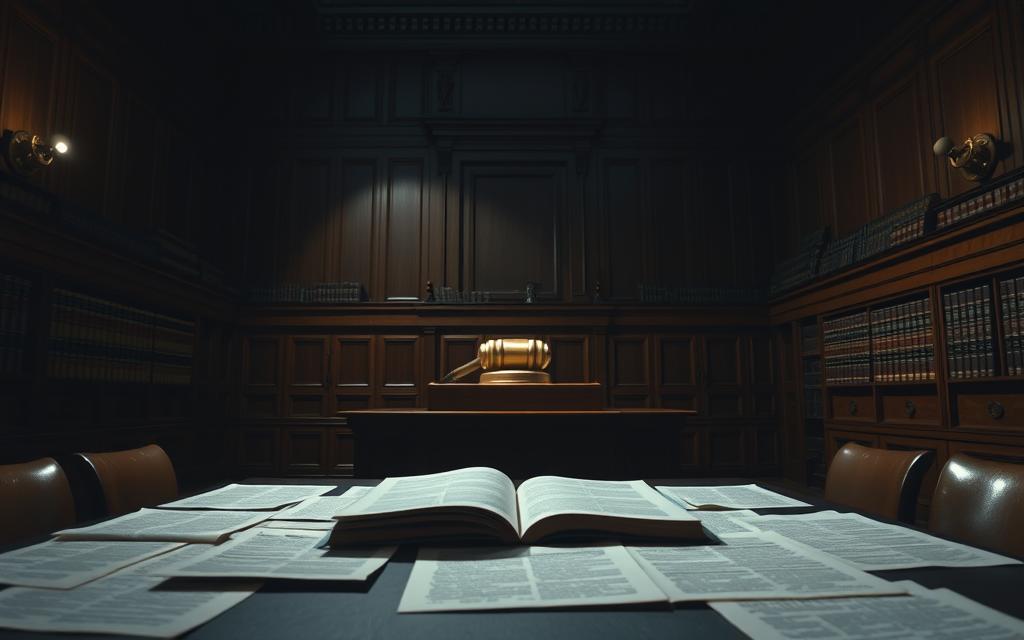 A Dimly Lit Courtroom, The Mahogany Panels Casting Deep Shadows. At The Center, An Imposing Judge'S Bench, Illuminated By A Single Spotlight, Casting A Dramatic Gavel Silhouette. Leather-Bound Books Line The Shelves, Their Aged Spines Hinting At A Wealth Of Legal Precedents. In The Foreground, A Table With Scattered Documents, Each Page A Fragment Of A Pivotal Murder Case, The Details Obscured In The Somber Lighting. The Atmosphere Is One Of Weighty Deliberation, Where The Scales Of Justice Hang In A Delicate Balance, Awaiting The Verdict That Will Shape The Legal Landscape. A Dimly Lit Courtroom, The Mahogany Panels Casting Deep Shadows. At The Center, An Imposing Judge'S Bench, Illuminated By A Single Spotlight, Casting A Dramatic Gavel Silhouette. Leather-Bound Books Line The Shelves, Their Aged Spines Hinting At A Wealth Of Legal Precedents. In The Foreground, A Table With Scattered Documents, Each Page A Fragment Of A Pivotal Murder Case, The Details Obscured In The Somber Lighting. The Atmosphere Is One Of Weighty Deliberation, Where The Scales Of Justice Hang In A Delicate Balance, Awaiting The Verdict That Will Shape The Legal Landscape.
