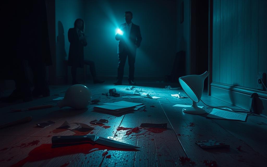 A Dimly Lit Crime Scene, The Floor Littered With Blood-Stained Evidence. A Knife, The Murder Weapon, Lies Discarded Amid Scattered Papers And A Broken Lamp. Shadowy Figures Loom In The Periphery, Faces Obscured, As A Lone Detective Examines The Grisly Tableau Under The Harsh Glare Of A Flashlight. The Scene Is Bathed In An Eerie, Bluish-Green Hue, Lending An Ominous Atmosphere To The Unfolding Tragedy. The Image Conveys The Cold, Calculated Nature Of A First-Degree Murder, Where Premeditation And Malice Aforethought Are The Hallmarks Of This Most Serious Of Homicides.