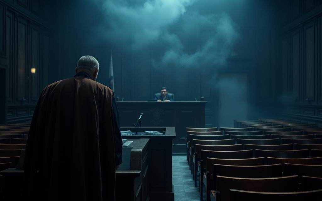 A Somber Courtroom Scene, Dimly Lit With A Sense Of Weight And Gravity. In The Foreground, The Judge'S Bench Stands Imposing, Draped In Rich, Somber Tones. Behind It, The Dock Where The Defendant Sits, Their Face Cast In Shadow, The Gravity Of The Situation Palpable. In The Middle Ground, Rows Of Wooden Benches, Worn By Countless Trials, Create A Sense Of History And Solemnity. The Background Is Hazy, Suggesting The Weight Of The Law And The Consequences Of Actions. The Overall Mood Is One Of Solemn Reflection, As The Viewer Contemplates The Legal Implications Of Second-Degree Murder.