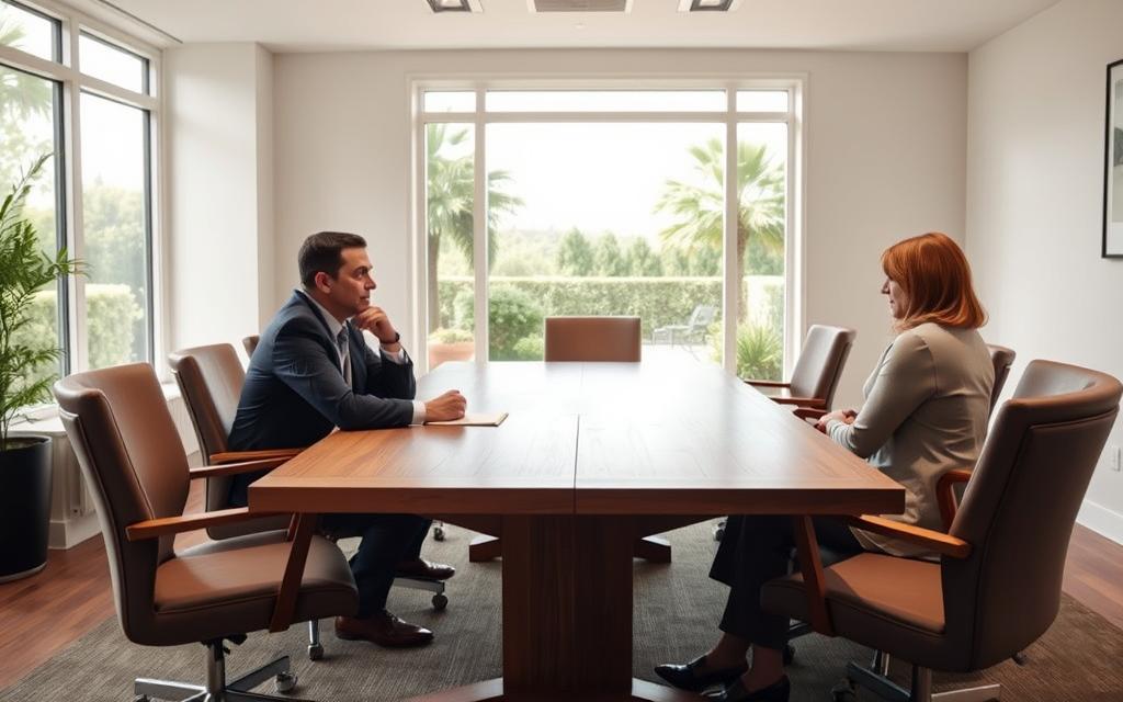 A Well-Lit, Airy Conference Room With A Large Oak Table Surrounded By Comfortable Chairs. Two People, A Man And A Woman, Are Seated Across From Each Other, Engaged In A Serious But Constructive Discussion. Their Body Language Suggests An Air Of Cooperation And Compromise. In The Background, A Large Window Offers A Serene View Of A Tranquil Garden. The Lighting Is Soft And Diffused, Creating A Calming Atmosphere. The Overall Scene Conveys A Sense Of Professionalism, Expertise, And A Commitment To Resolving Family Law Issues Through Mediation. A Well-Lit, Airy Conference Room With A Large Oak Table Surrounded By Comfortable Chairs. Two People, A Man And A Woman, Are Seated Across From Each Other, Engaged In A Serious But Constructive Discussion. Their Body Language Suggests An Air Of Cooperation And Compromise. In The Background, A Large Window Offers A Serene View Of A Tranquil Garden. The Lighting Is Soft And Diffused, Creating A Calming Atmosphere. The Overall Scene Conveys A Sense Of Professionalism, Expertise, And A Commitment To Resolving Family Law Issues Through Mediation.